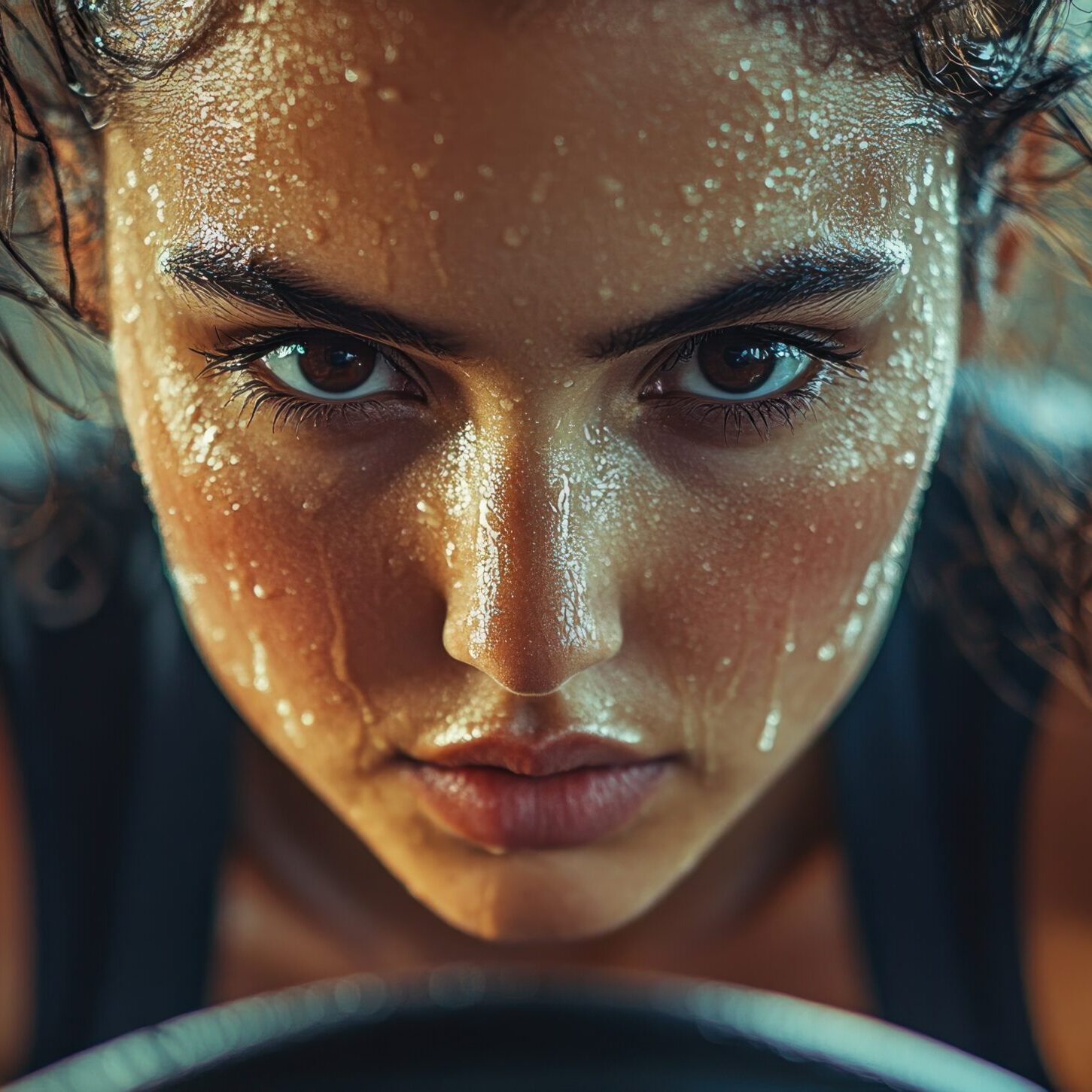 Focused female athlete, drenched in sweat during intense workout