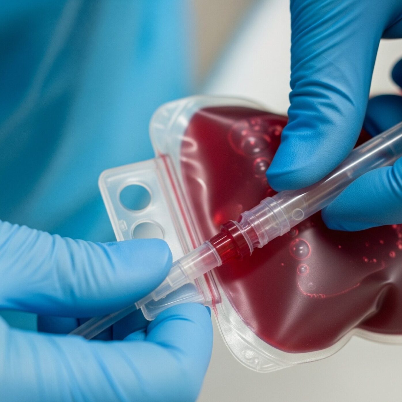 Medical professional in blue gloves connecting a tube to a blood bag for transfusion or donation