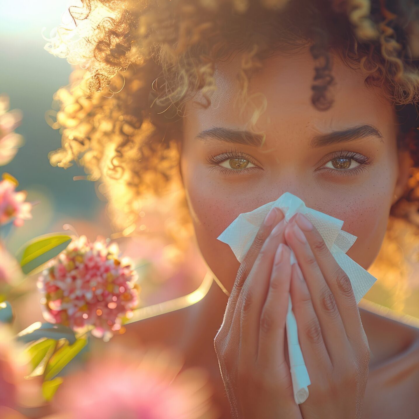 Black woman blowing her nose into a handkerchief in front of a field full of blooming flowers at spring day